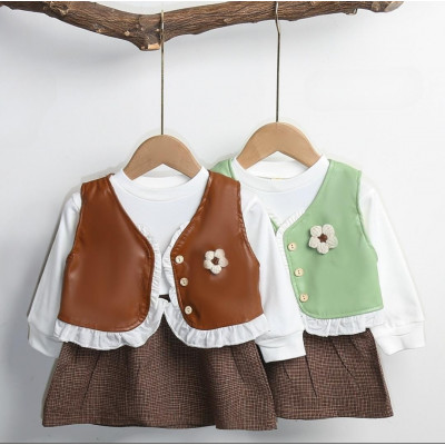 dress 2in1 leather flower up girl - dress anak perempuan (TAKE ALL 4PCS)
